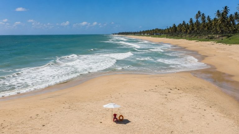 Beaches in Brazil with white sand and turquoise water along a remote tropical coastline