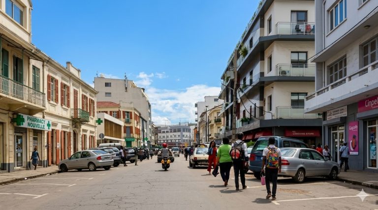 Rue du centre d’Antananarivo avec piétons, voitures et bâtiments coloniaux et modernes Caption: Description: