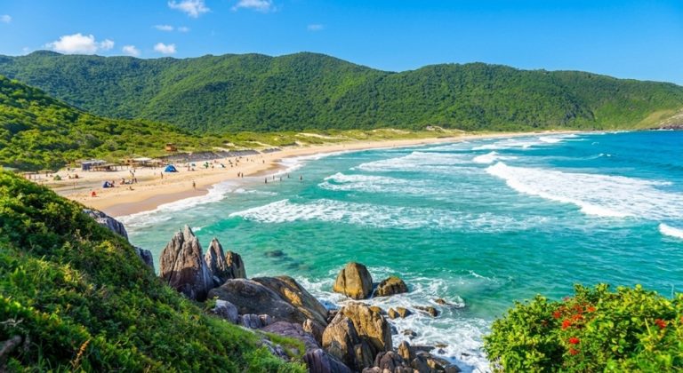 Things to Do in Florianópolis Brazil scenic beach with turquoise water and green hills on Santa Catarina Island Caption: Description: