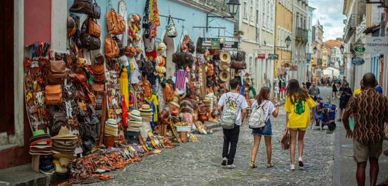 Colorful souvenir shops and cobblestone street in Pelourinho Salvador Brazil