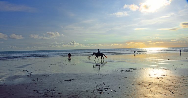 Horse rider walking along the reflective shoreline at sunset in Jimbaran, Bali Caption: Description: