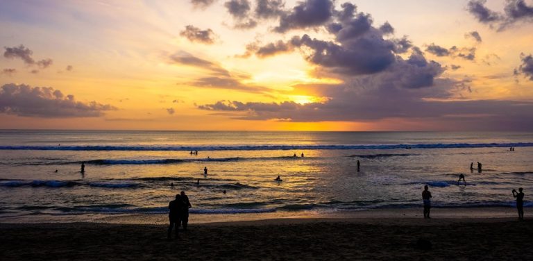 Sunset over Kuta Beach during a Bali itinerary exploring Bali’s beaches, surf culture, and coastal sunsets