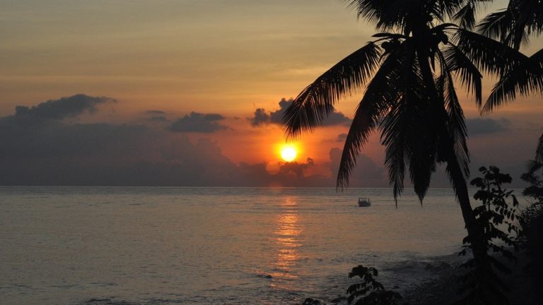 Tropical sunset over the coastline with palm trees and calm ocean water in Bali