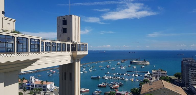 View over Salvador Bay featured in this Northeast Brazil travel guide with coastline and historic architecture