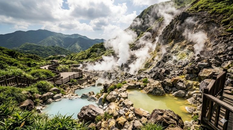 Taiwan hot springs in a volcanic mountain landscape with steaming geothermal pools, rocky terrain, and scenic boardwalks
