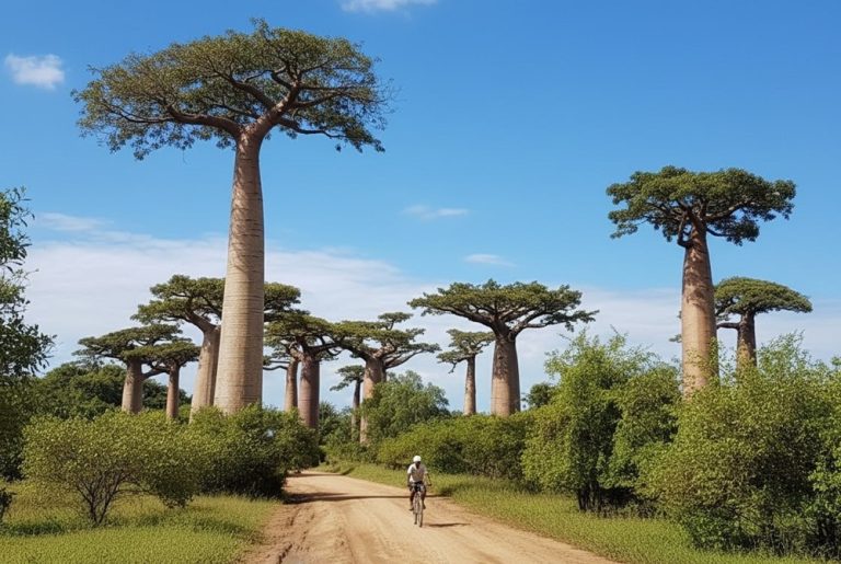 Allée des baobabs à Madagascar avec cycliste sur une piste bordée de baobabs géants près de Morondava Caption: Description: