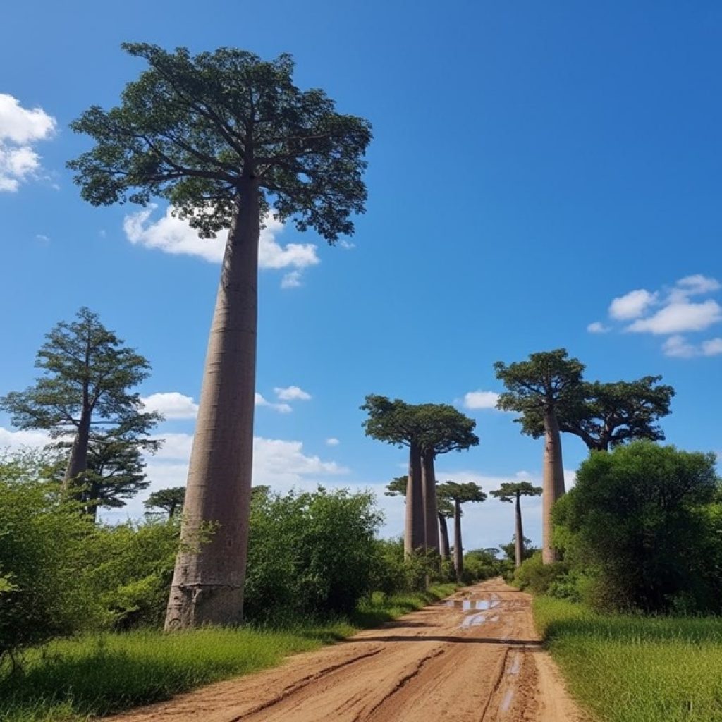 Allée des baobabs à Madagascar bordée de végétation luxuriante près de Morondava