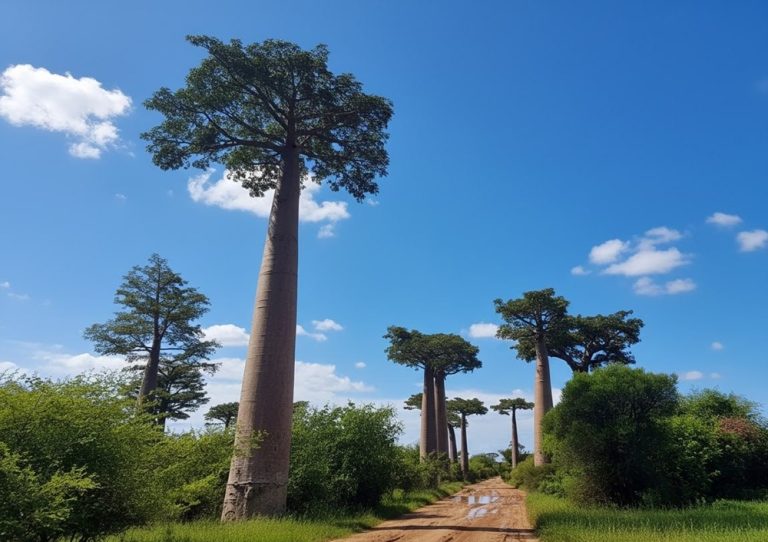 Piste de terre traversant un paysage de baobabs géants dans l’ouest de Madagascar