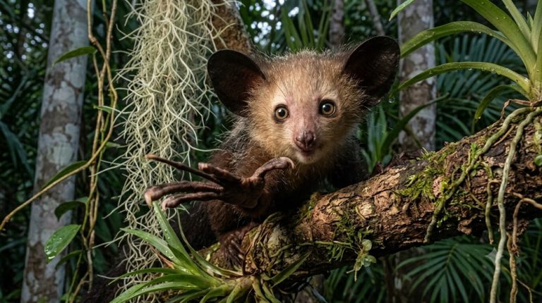 Lémuriens à Madagascar : aye-aye observé dans une forêt tropicale malgache Caption Description