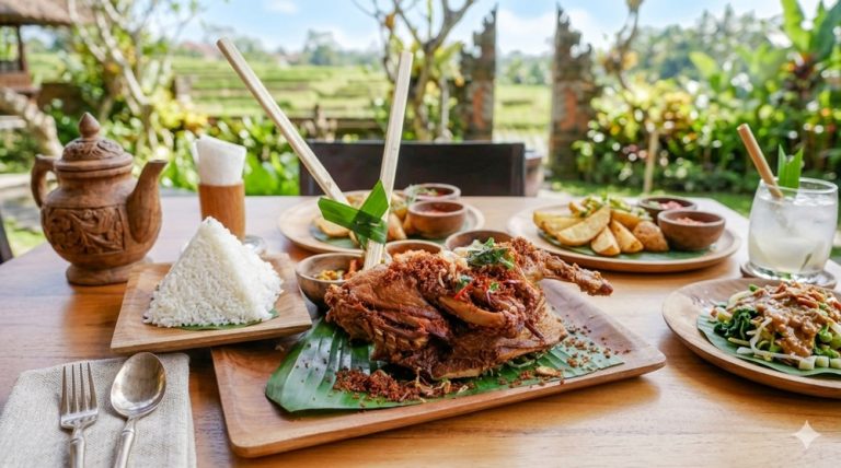 Food in Bali featuring traditional Babi Guling served with rice, sambal, vegetables, and views of the Balinese countryside