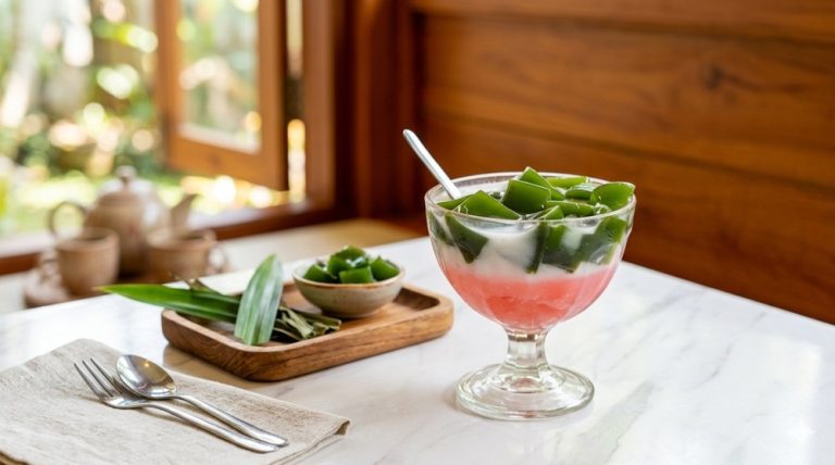 Food in Bali featuring Cendol dessert with pandan jelly, coconut milk, shaved ice, and sweet syrup