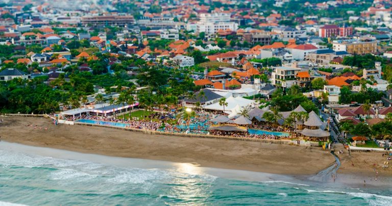 Aerial view of Finns Beach Club overlooking Berawa Beach and Bali's southwest coastline
