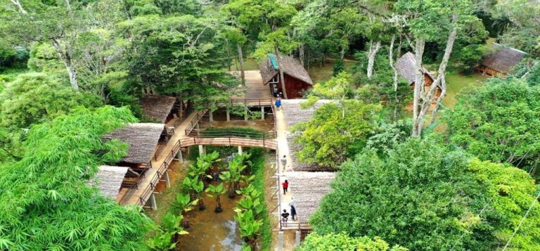 Vue aérienne du Longoza Ecolodge au cœur de la forêt tropicale près du parc national de Masoala