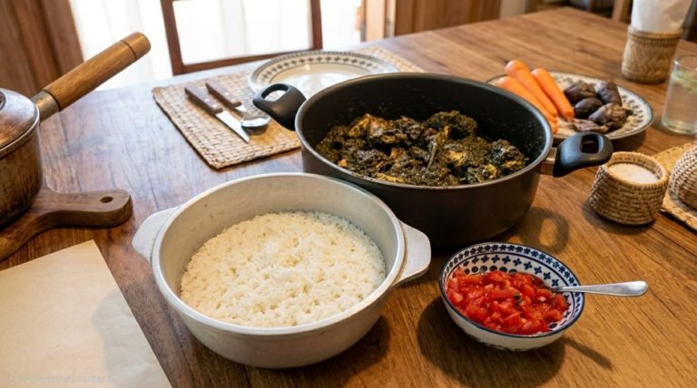 Que manger à Madagascar : ravitoto au poulet fumé servi avec du riz blanc et accompagnements traditionnels