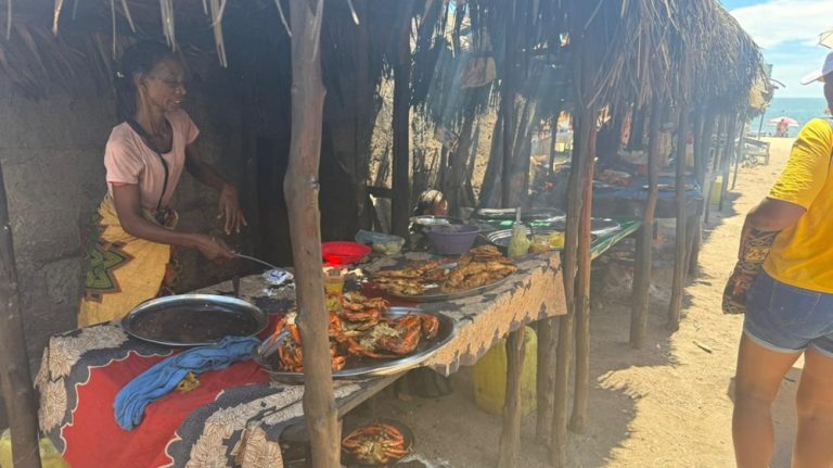 Que manger à Madagascar : vendeuse de street food malgache préparant poissons et fruits de mer grillés sur une plage Caption : Description :