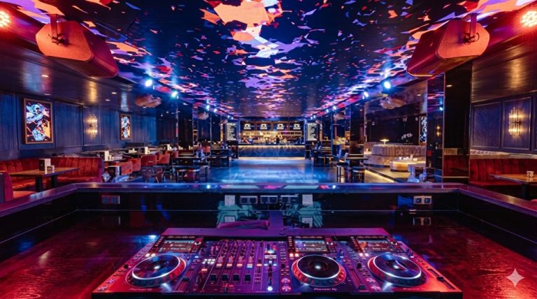 Interior of ShiShi nightclub in Seminyak featuring a DJ booth, dance floor, and modern lighting Caption: Description: