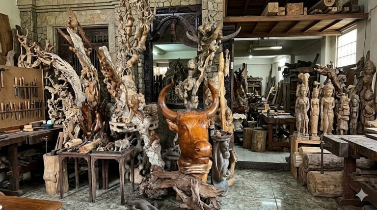 Traditional wood carvings and handcrafted artwork displayed inside TAKSU Gallery in Seminyak, Bali