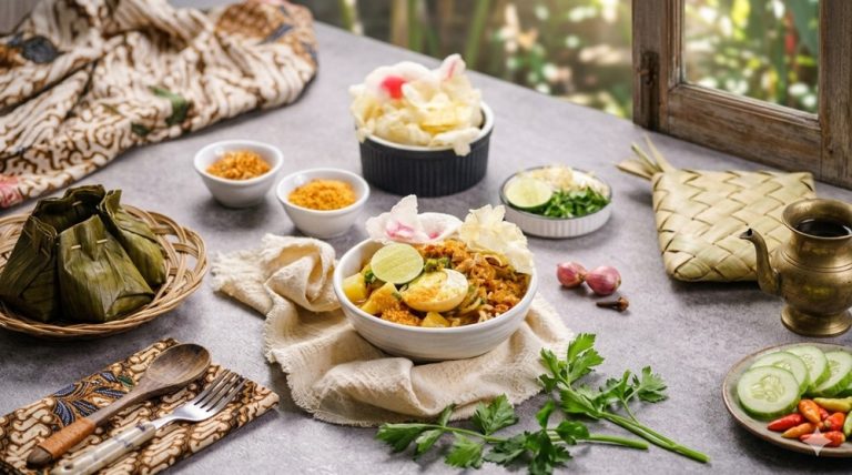 Food in Bali featuring a traditional Balinese noodle dish served with egg, lime, vegetables, crackers, and local ingredients