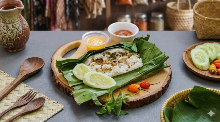 Food in Bali featuring a traditional Balinese rice dish served in banana leaves with sambal, cucumber, and local spices