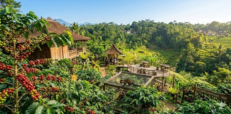 Ubud travel guide featuring a traditional coffee plantation overlooking rice terraces near Ubud, Bali