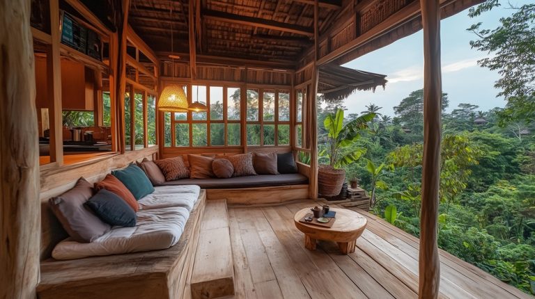 Ubud travel guide featuring a traditional coffee tasting pavilion overlooking tropical jungle scenery near Ubud, Bali
