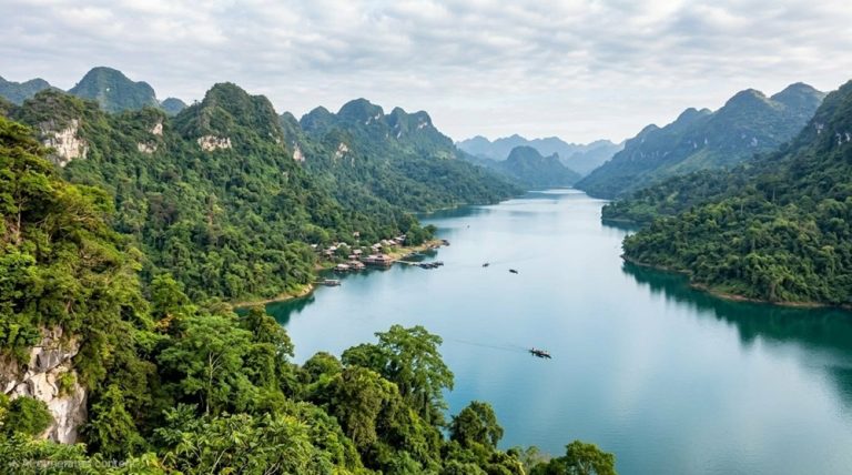 Panoramic view of Ba Be National Park and Ba Be Lake surrounded by limestone mountains in northern Vietnam