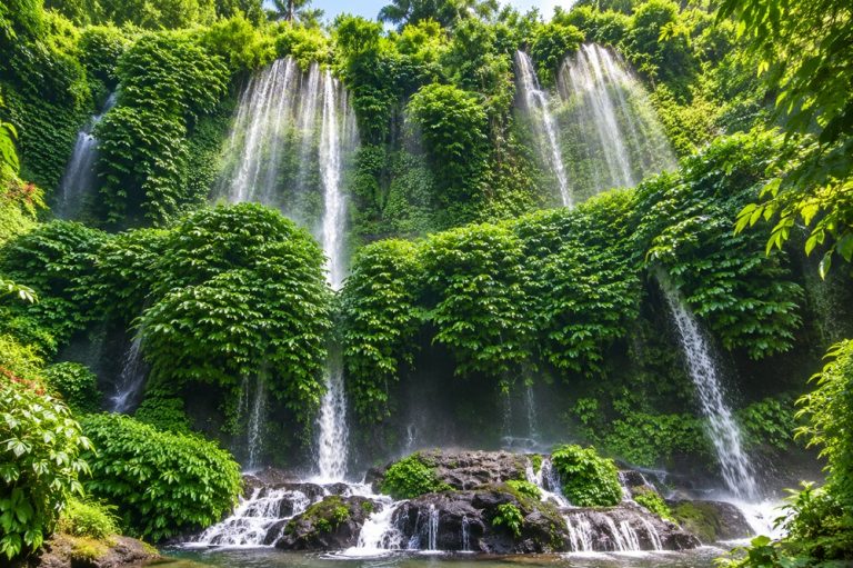 Kuta Lombok Travel Guide – Benang Stokel and Benang Kelambu Waterfalls surrounded by lush tropical rainforest in central Lombok.