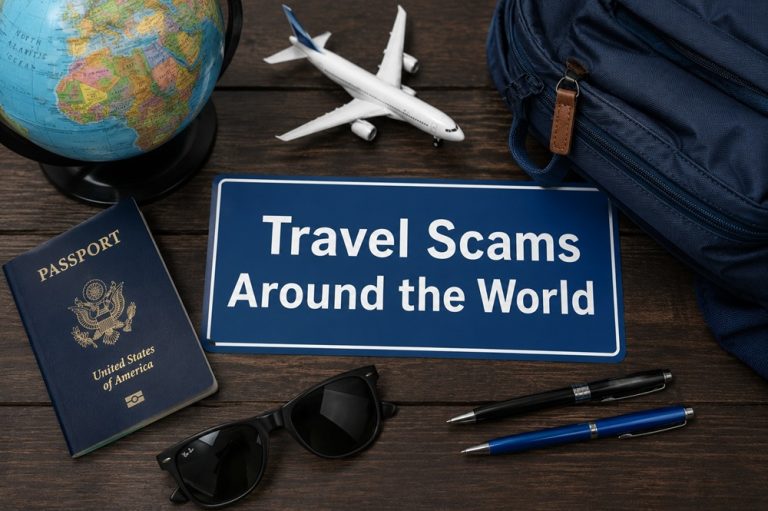 Travel scams around the world concept showing a globe, miniature airplane, passport, backpack, sunglasses and pens arranged around a travel warning sign.