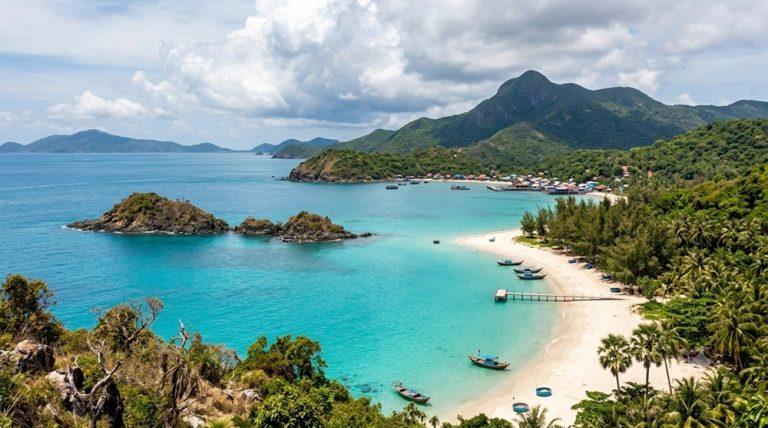 Turquoise beaches and lush mountains on the Con Dao Islands in southern Vietnam Caption Description