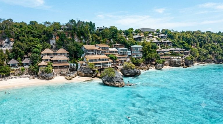 Dreamsea Surf Camp in Uluwatu, Bali, overlooking the ocean, featured in this Bali surf guide. Caption Description