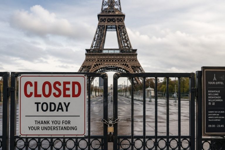 Eiffel Tower entrance with a closed gate and warning sign, illustrating fake attraction travel scams around the world targeting tourists.