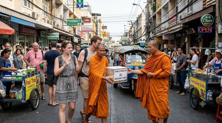 Tourists approached for donations by people dressed as monks, illustrating fake charity and donation travel scams around the world. Caption Description