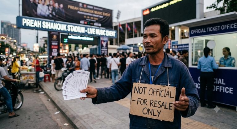 Street vendor selling unofficial event tickets outside a venue, illustrating fake ticket travel scams around the world. Caption Description