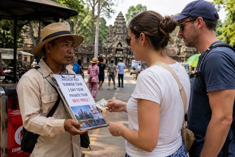 Tourist buying a tour from an unofficial street guide, illustrating fake tour travel scams around the world. Caption Description