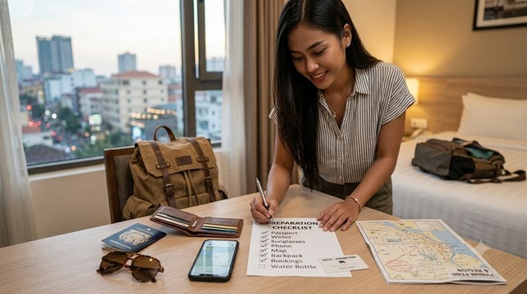 Traveler preparing a checklist with passport, wallet and smartphone, illustrating how to avoid travel scams around the world. Caption Description