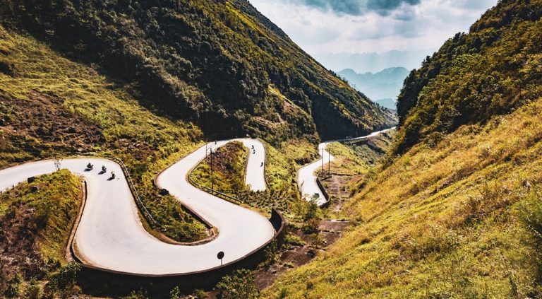 Aerial view of the winding mountain roads of the Ha Giang Loop in northern Vietnam