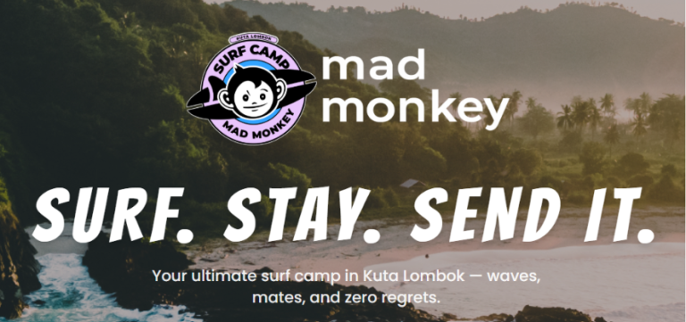 Mad Monkey Kuta Lombok Surf Camp promotional banner featured in this Kuta Lombok Travel Guide highlighting surf lessons, accommodation and social events.