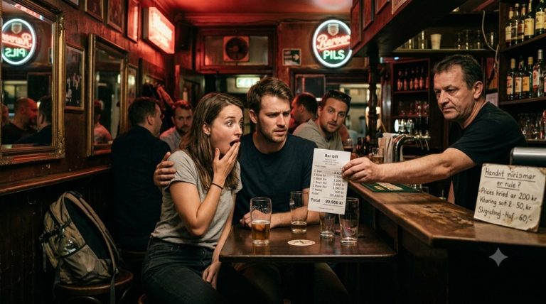 Travelers reacting to an unexpectedly expensive bar bill, illustrating nightlife travel scams around the world.