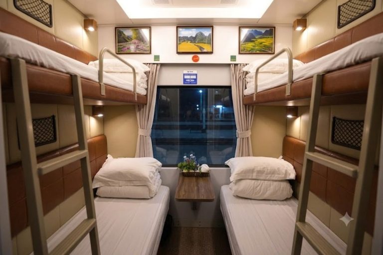 Four-berth sleeper cabin aboard an overnight train in Vietnam Caption Description
