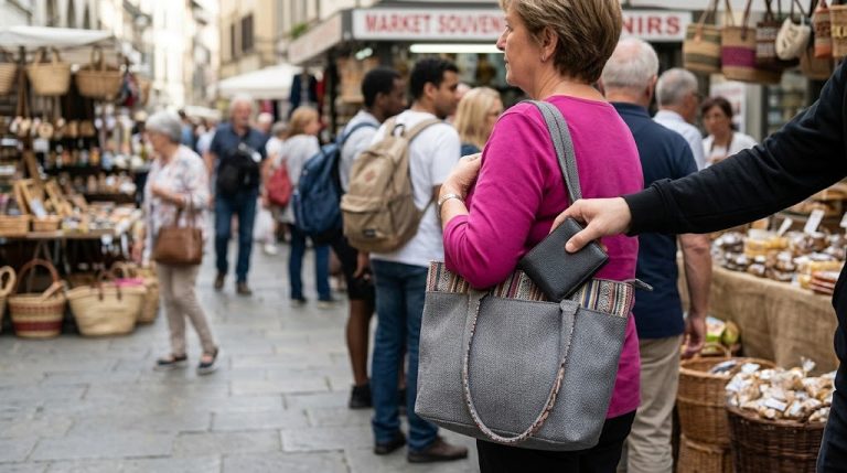 Pickpocket stealing a wallet from a tourist's bag in a crowded market, illustrating pickpocket travel scams around the world. Caption Description