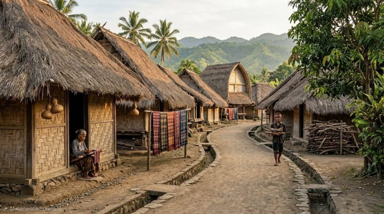 Traditional Sasak houses and local villagers in Sade Village near Kuta Lombok, Lombok, Indonesia.