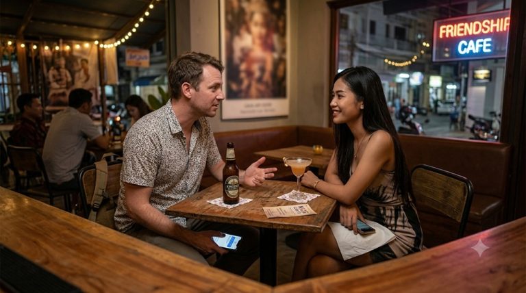 Traveler meeting someone from a dating app at a café, illustrating social media and dating travel scams around the world.