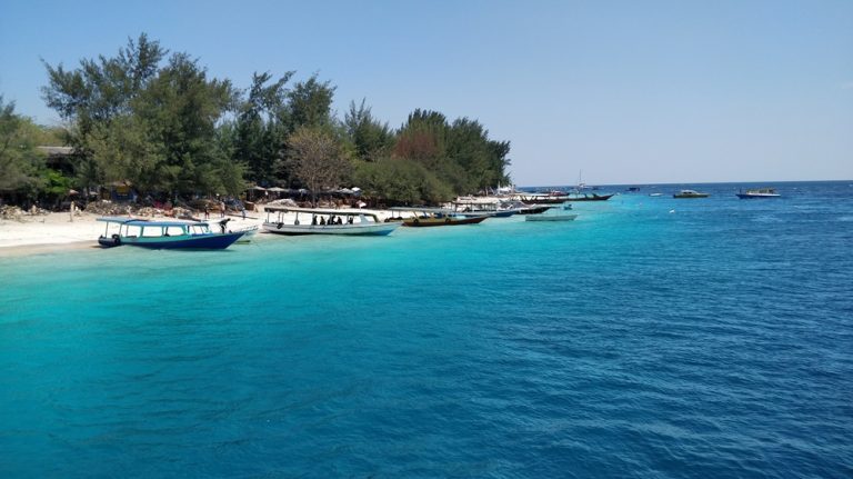Traditional boats anchored along the shoreline of the Gili Islands with crystal-clear turquoise water and a tropical beach.