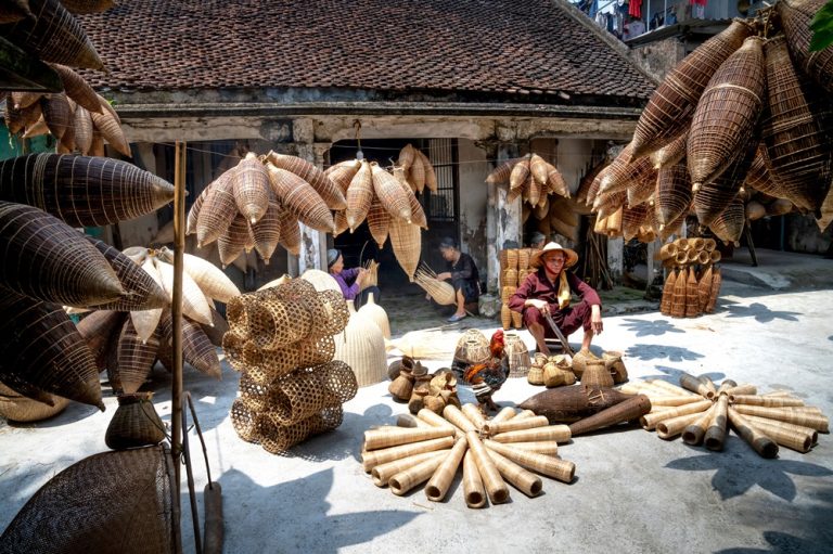 Traditional bamboo fish trap craft village in northern Vietnam