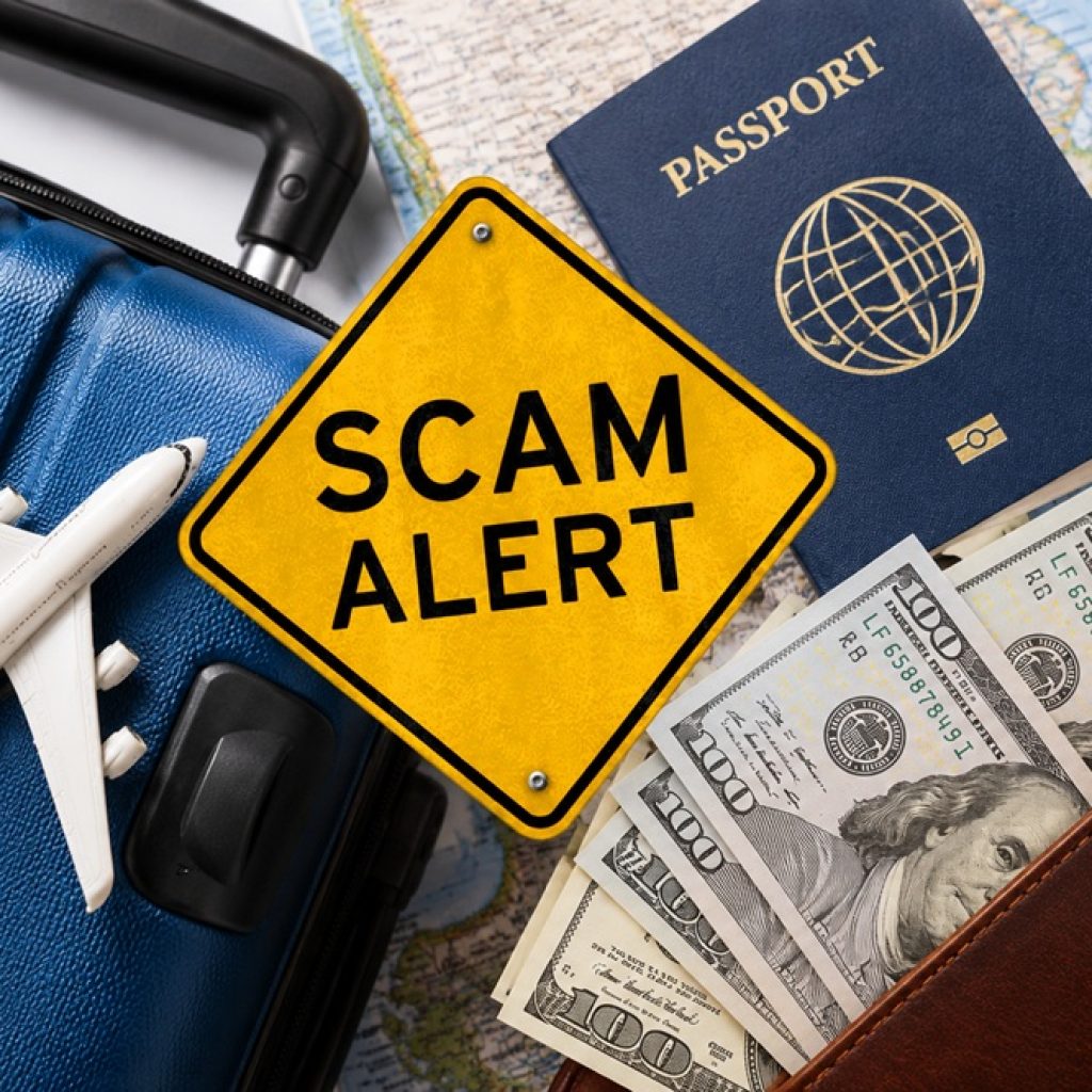 Travel scams around the world illustrated with a suitcase, passport, wallet, US dollars, miniature airplane and a yellow Scam Alert warning sign.