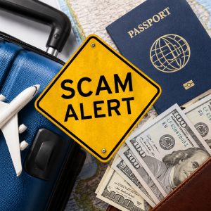 Travel scams around the world illustrated with a suitcase, passport, wallet, US dollars, miniature airplane and a yellow Scam Alert warning sign.