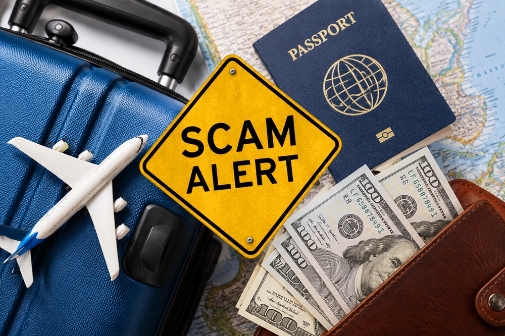 Travel scams around the world illustrated with a suitcase, passport, wallet, US dollars, miniature airplane and a yellow Scam Alert warning sign.