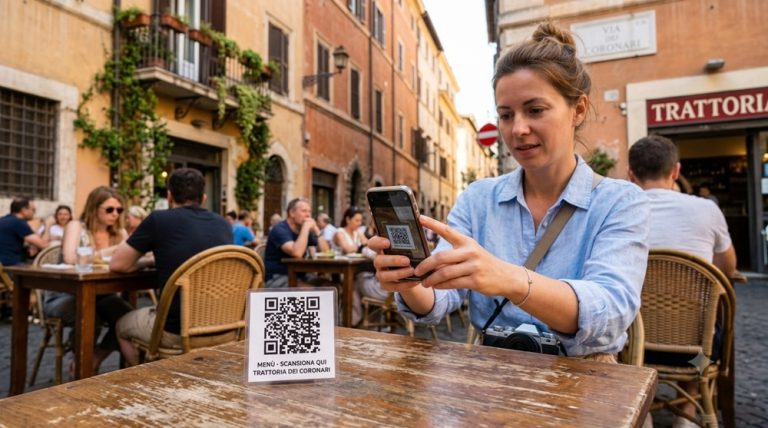 Traveler scanning a QR code at an outdoor café, illustrating Wi-Fi and QR code travel scams around the world. Caption Description