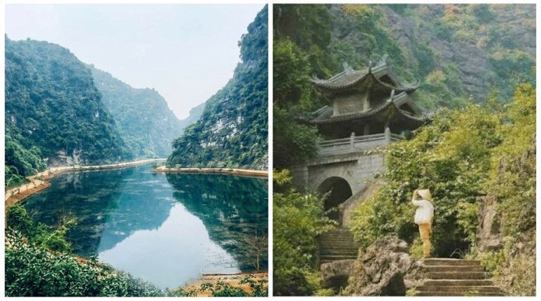 Emerald lake and mountain temple at Am Tien Cave and Tuyet Tinh Coc in Ninh Binh Caption: Description: