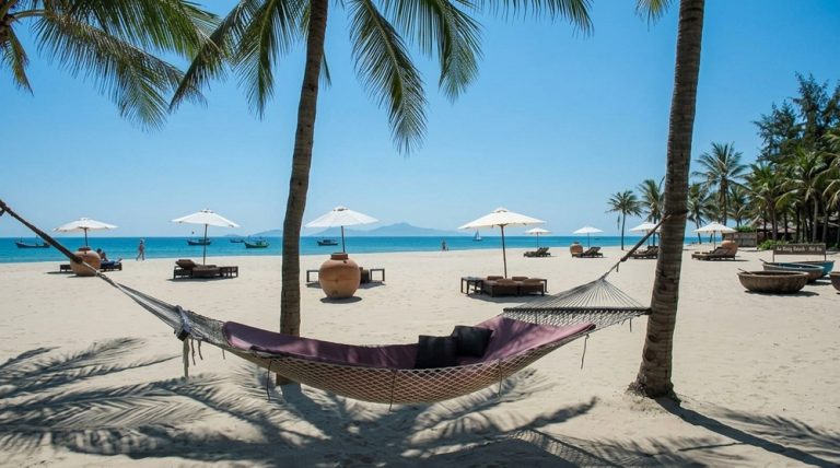 Things to do in Hoi An include relaxing at An Bang Beach, with its sandy shoreline, palm trees and views across the sea.